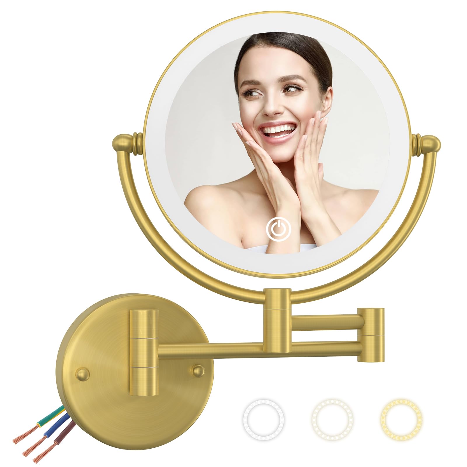 Make up Mirror Wall Mounted Lighted 10X Magnifying Hard Wired, Double Sides 3 Color Lighting Touch Dimming 360 Swivel Extended Arm Shaving Mirror for Bathroom, Brushed Gold