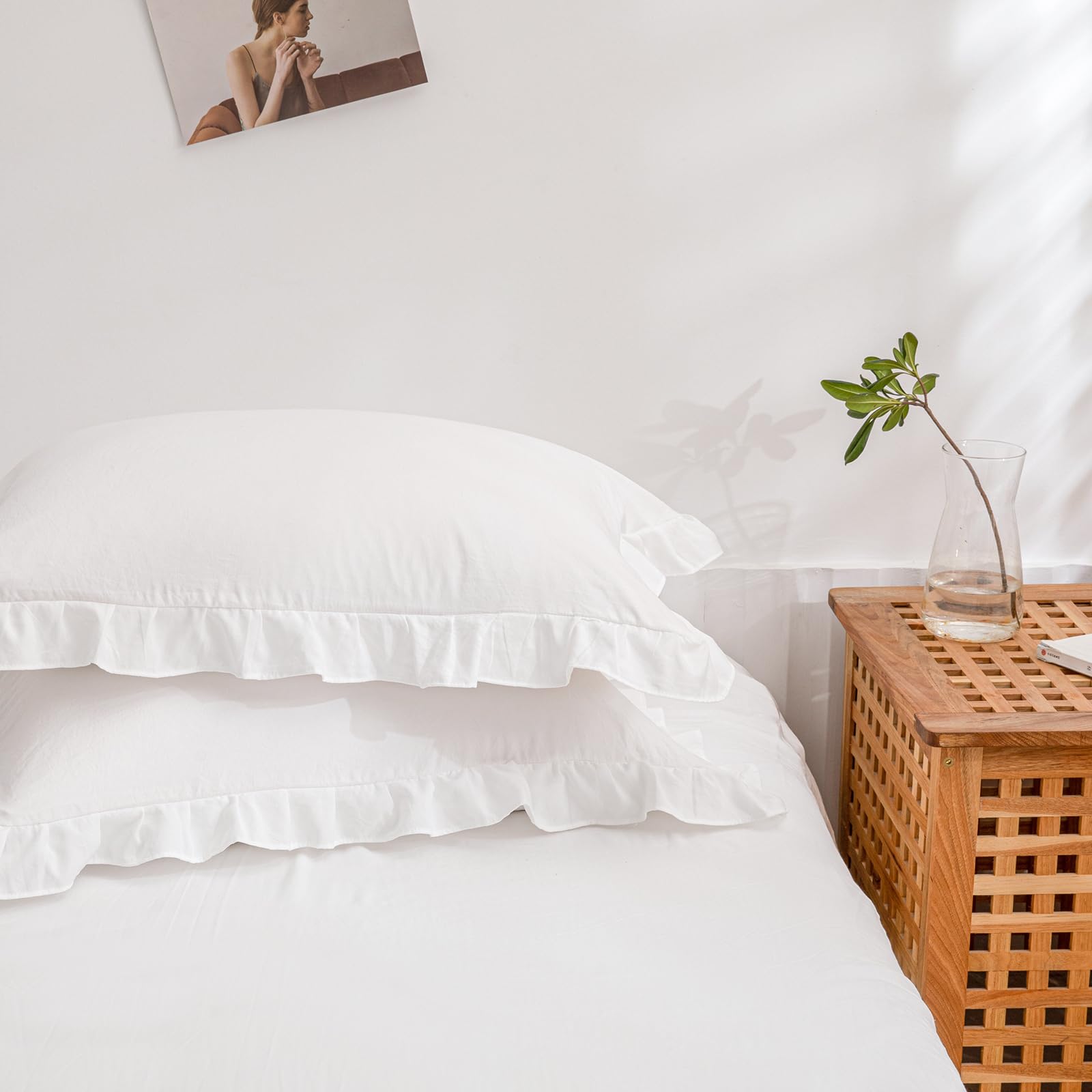 Herside White Ruffle Pillowcases Set of 2 Boho Pillowcases Shabby Chic Ruffle Lace Design Soft Farmhouse Pillow Cover 2 Pack (White,50x75 cm) - Image 3