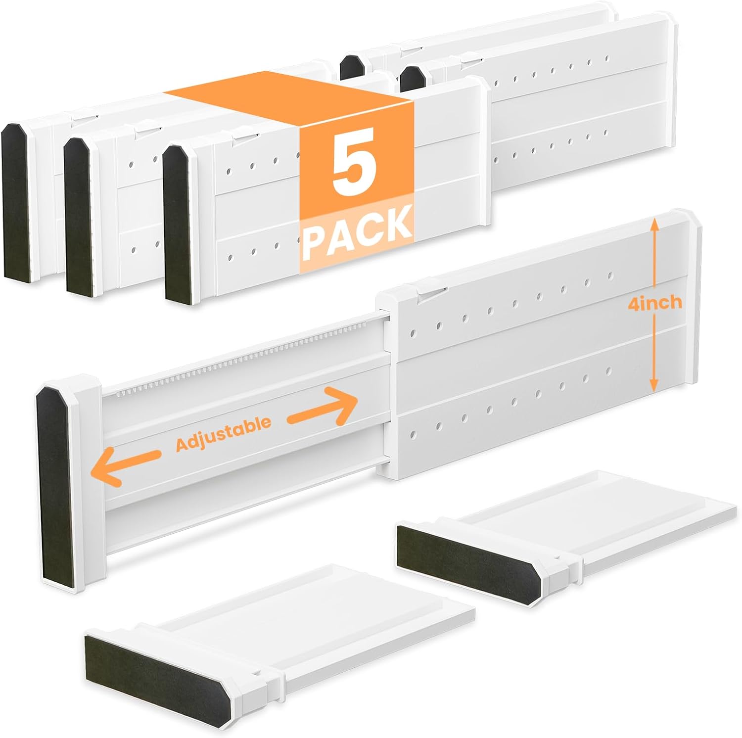 REBECAT 5 Pack Drawer Dividers for Clothes Adjustable Drawer Dividers 4" High Expandable from 11"-17" for Dresser Baby Clothes Bathroom Bedroom Kitchen and Office Storage?White White 5 Pack-Length 11"-17"