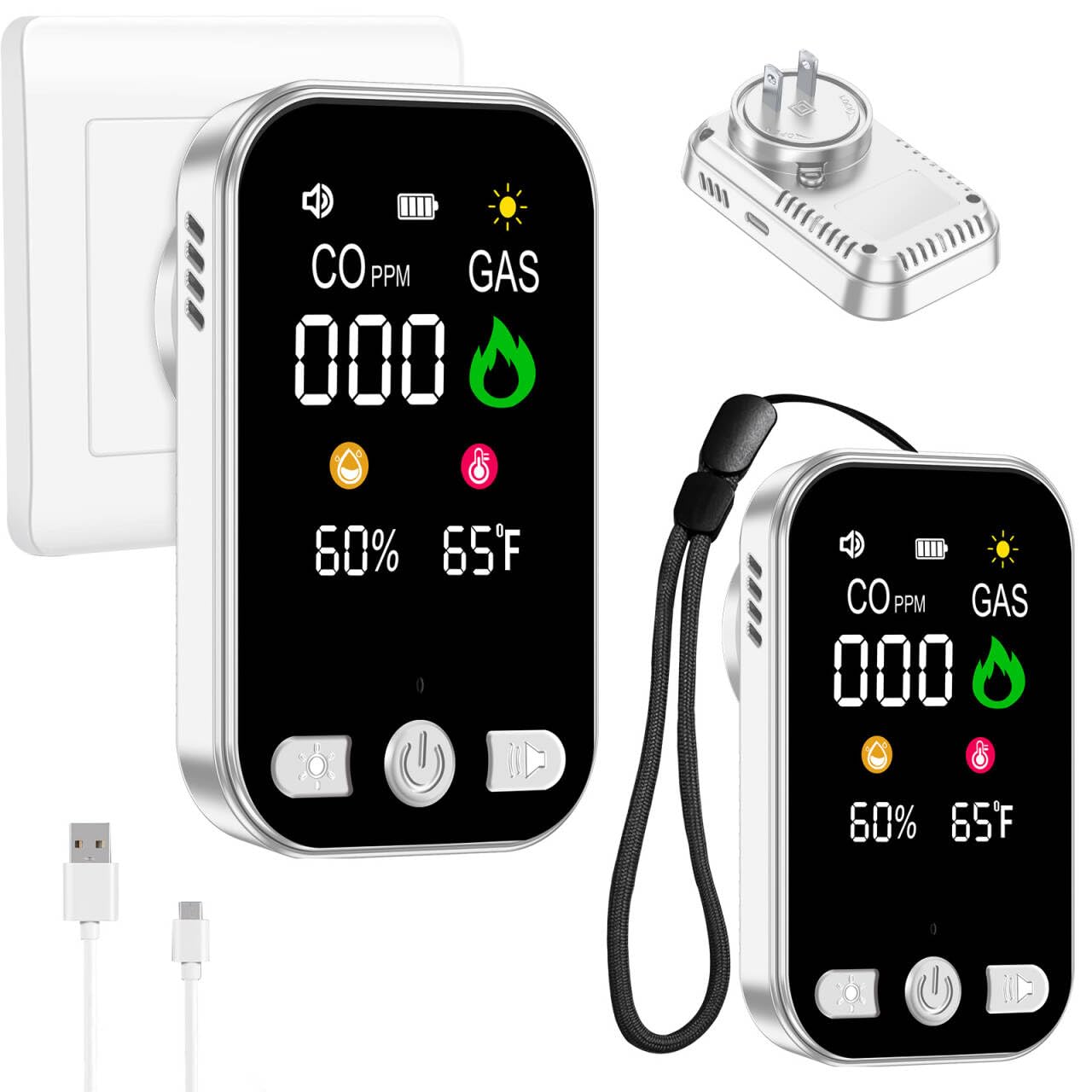 2 Pack Carbon Monoxide Detectors & Natural Gas Alarm Plug in,4-in-1 CO Detector & Combustible Gas Sensor with Battery Backup,Temperature & Humidity