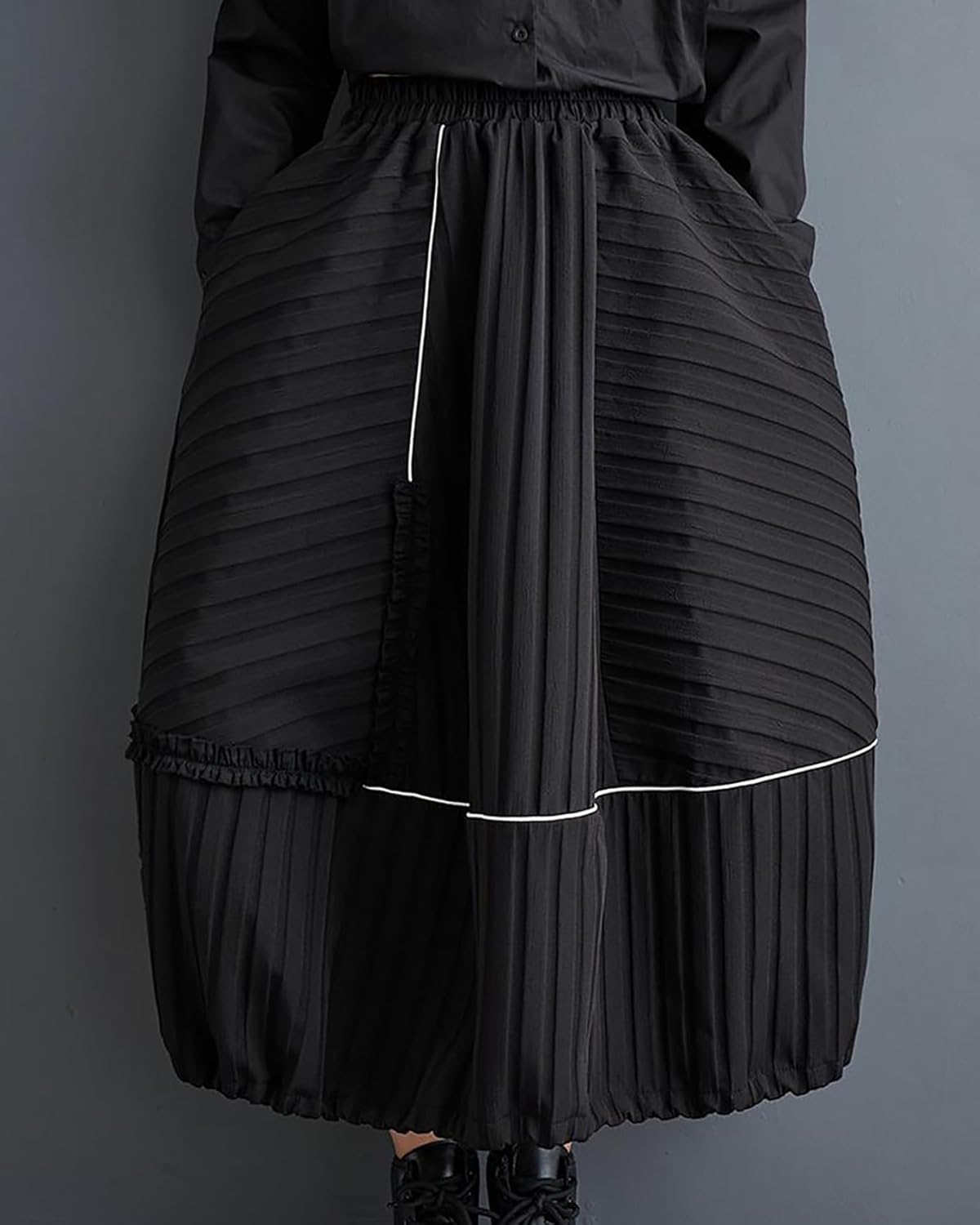 ellazhu Women's Skirt Loose Oversize Pleated Maxi Hem High Elastic Waist Printed Side Pockets GZ668 A