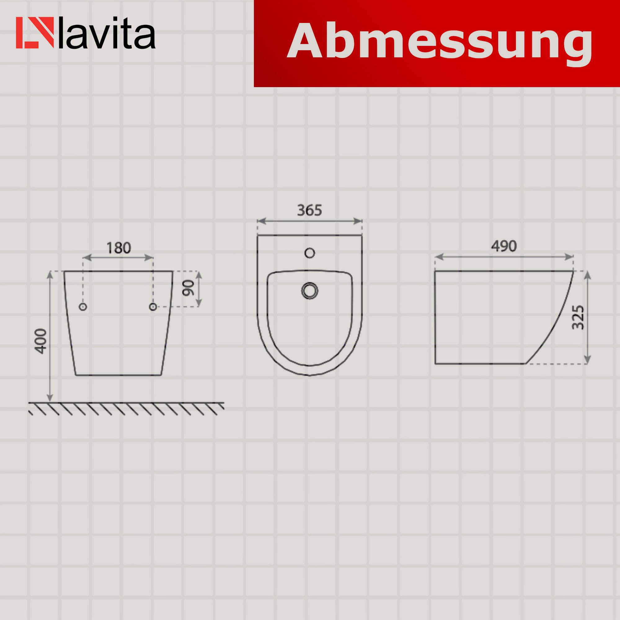LAVITA Bidé universal de pared Sofi Stone con orificio para grifo y protección contra desbordamiento, de cerámica, para montaje en la pared, higiénico y fácil de limpiar, 36,5 x 49 x 32,5 cm