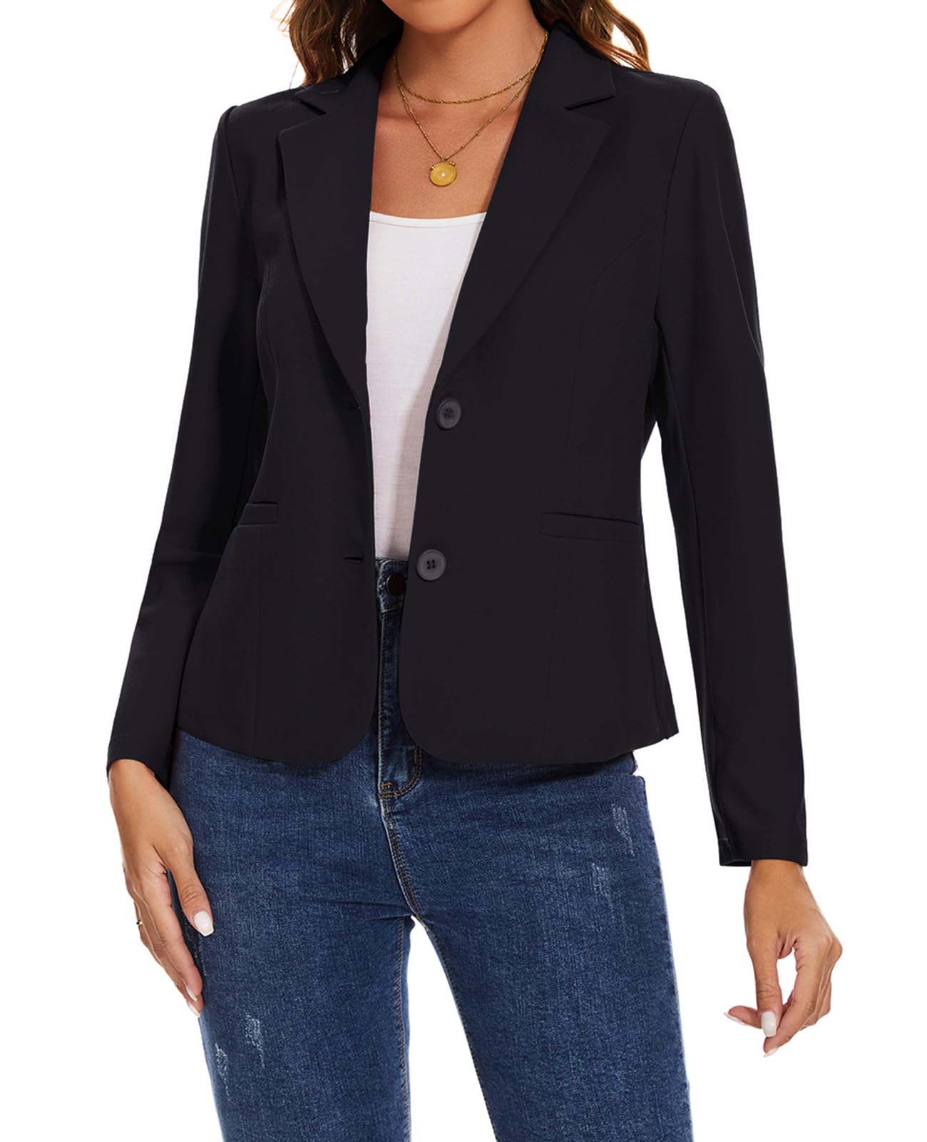 Womens Blazer Jackets Buttons Open Front Long Sleeve Notch Collar Professional Suit Blazers with Pockets