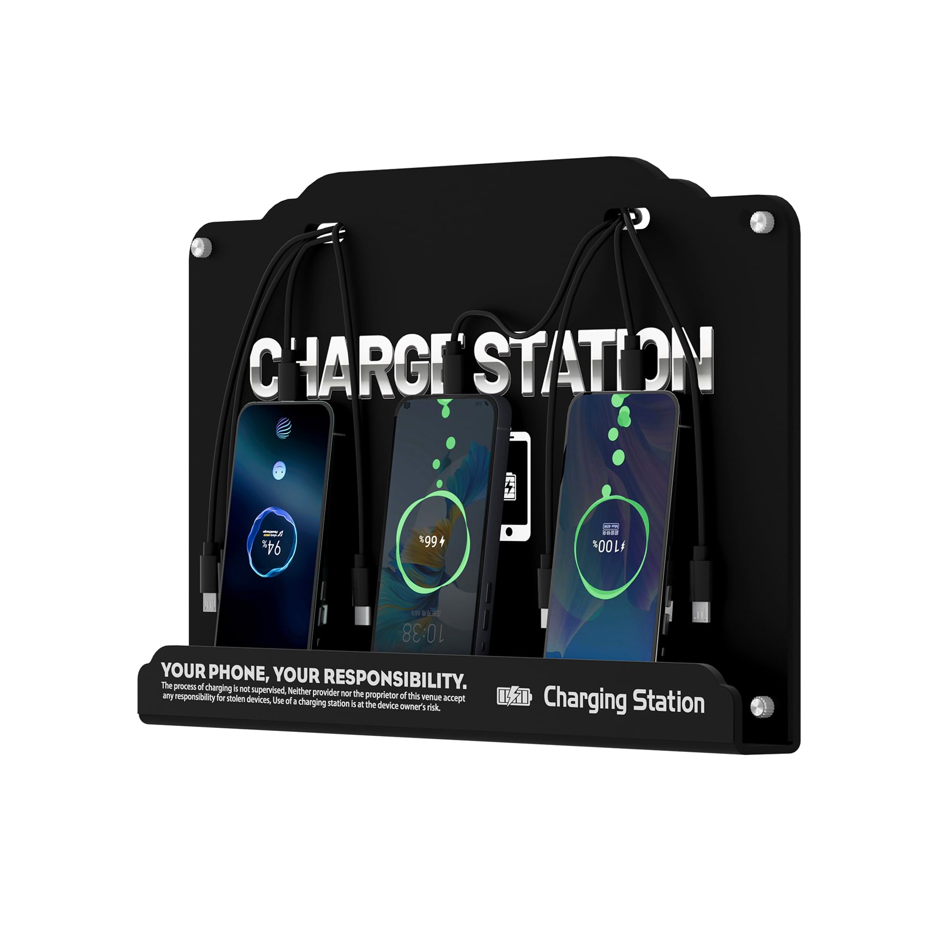 Estación de carga de 8 puertos montada en la pared con cables Fast Charigng - Base de carga multidispositivo para oficina, hotel y espacios públicos | Compatible con iPhone, iPad, smartphone, tabletas