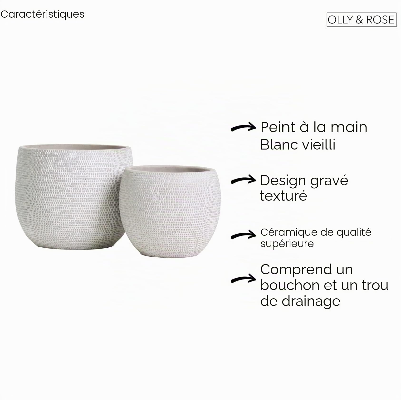 Olly & Rose Barcelona Lot de 2 Pots de Fleurs en céramique pour intérieur et extérieur Blanc