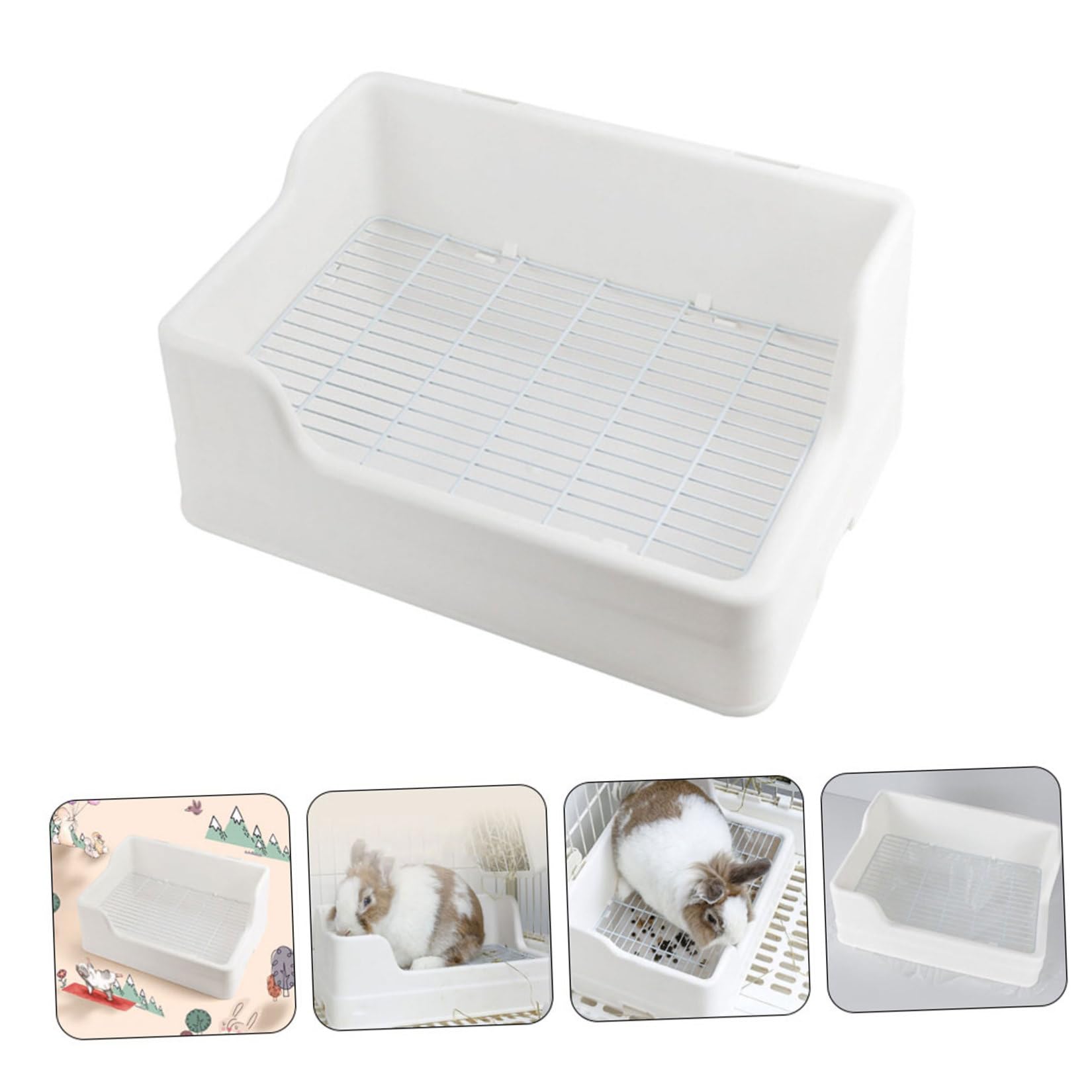 Lettiera per Conigli in Plastica Bianco, Materiale Riutilizzabile Griglia Separata, Toilette Grande Antiribaltamento per Animali Domestici e Conigli