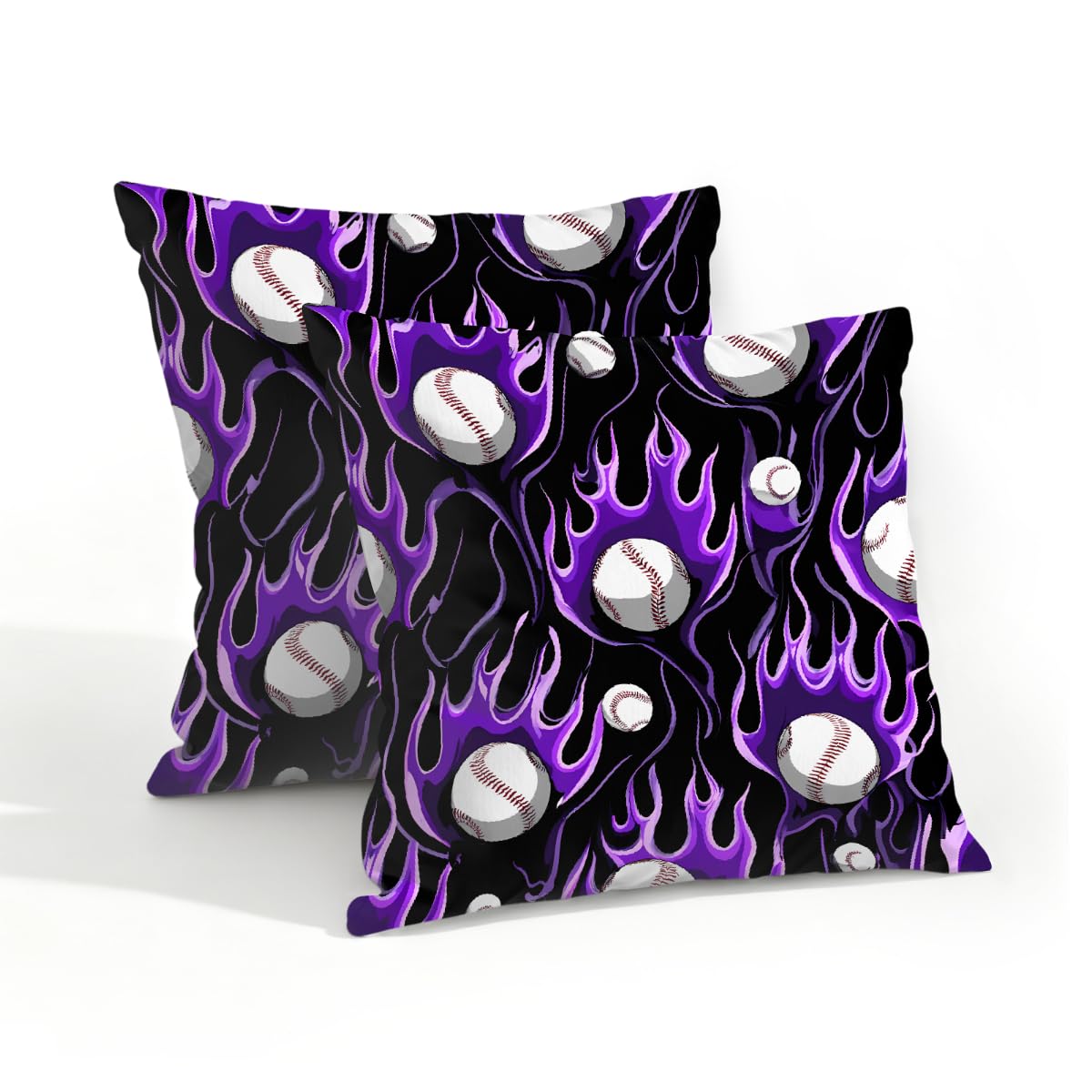 Outdoor Pillow Covers Waterproof Pillowcases 18x18in Set of 2 Purple Flaming Baseball Sports Decorative Throw Cushion Case for Couch Sofa Garden Patio Furniture