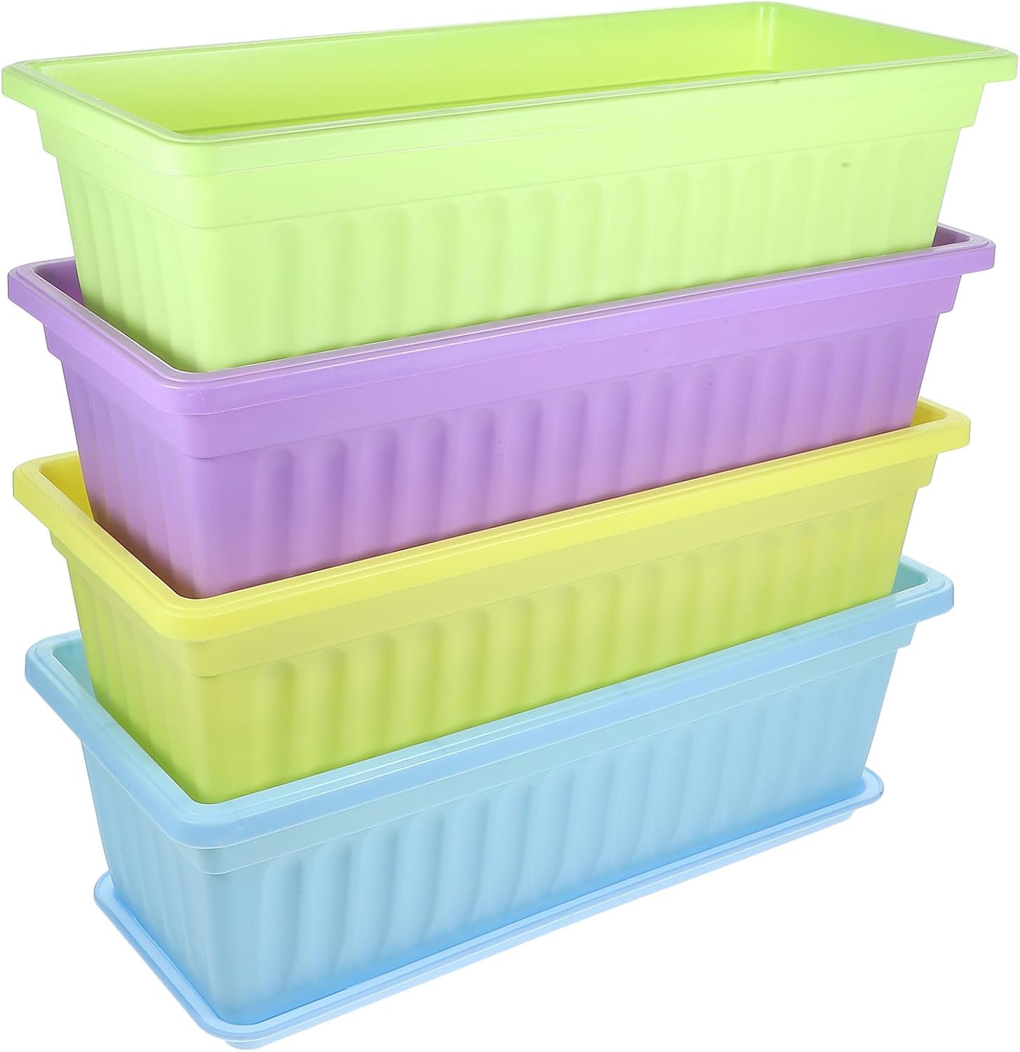 4pcs 17-inch Rectangular Window Flower Boxes with Trays for Balcony and Windowsill, Large 43x19x14cm Succulent Plant Containers in Blue, Purple, Green, and Yellow for Garden Use