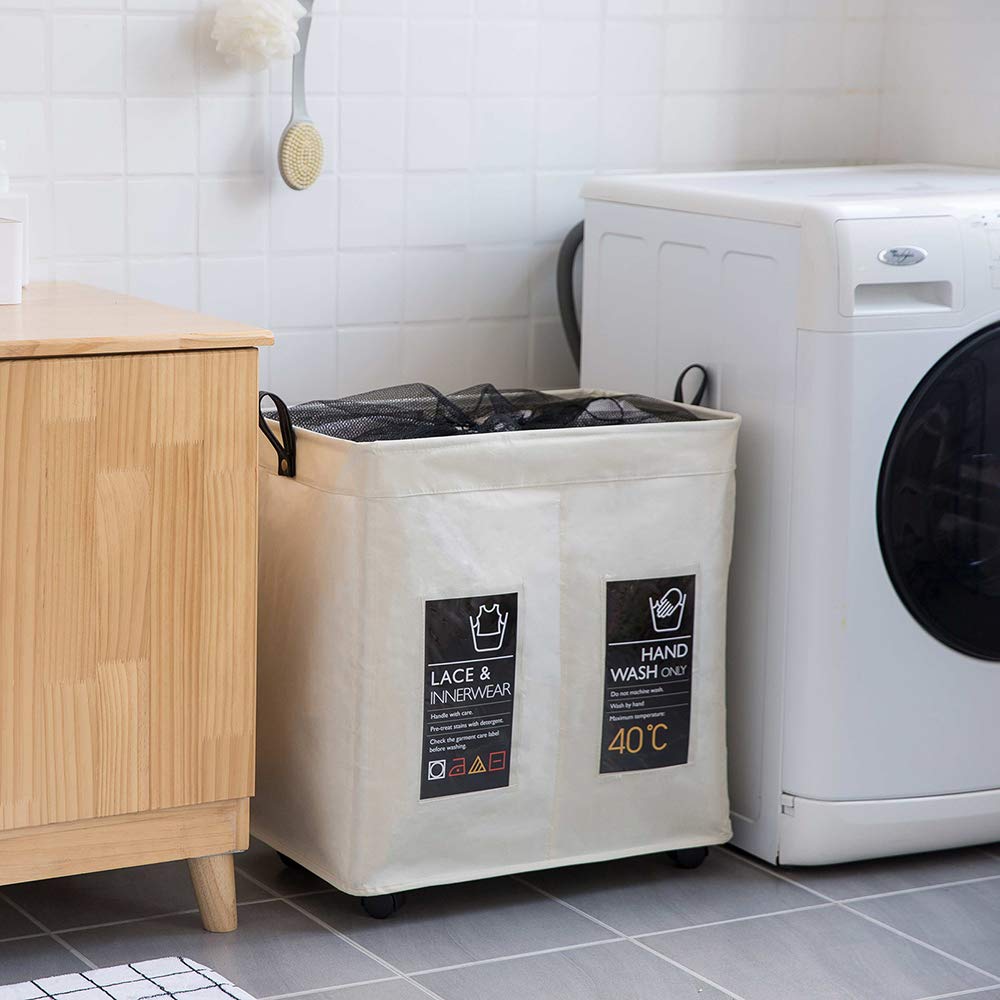 Cesto portabiancheria sottile a 2 scomparti con ruote universali e manico pieghevole in tessuto Oxford cesto portabiancheria in rete con coulisse per vestiti sporchi r con 4 aste di supporto, 6 carte