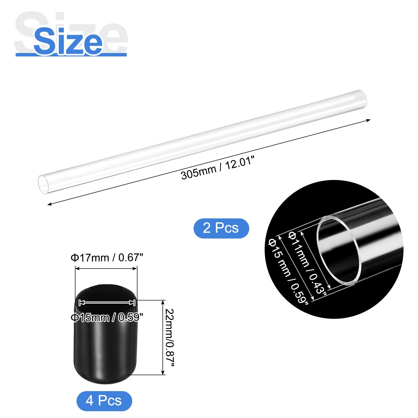 Rigid Acrylic Tube 11x15mm 30.5cm Clear Polycarbonate Pipe with Rubber Caps
