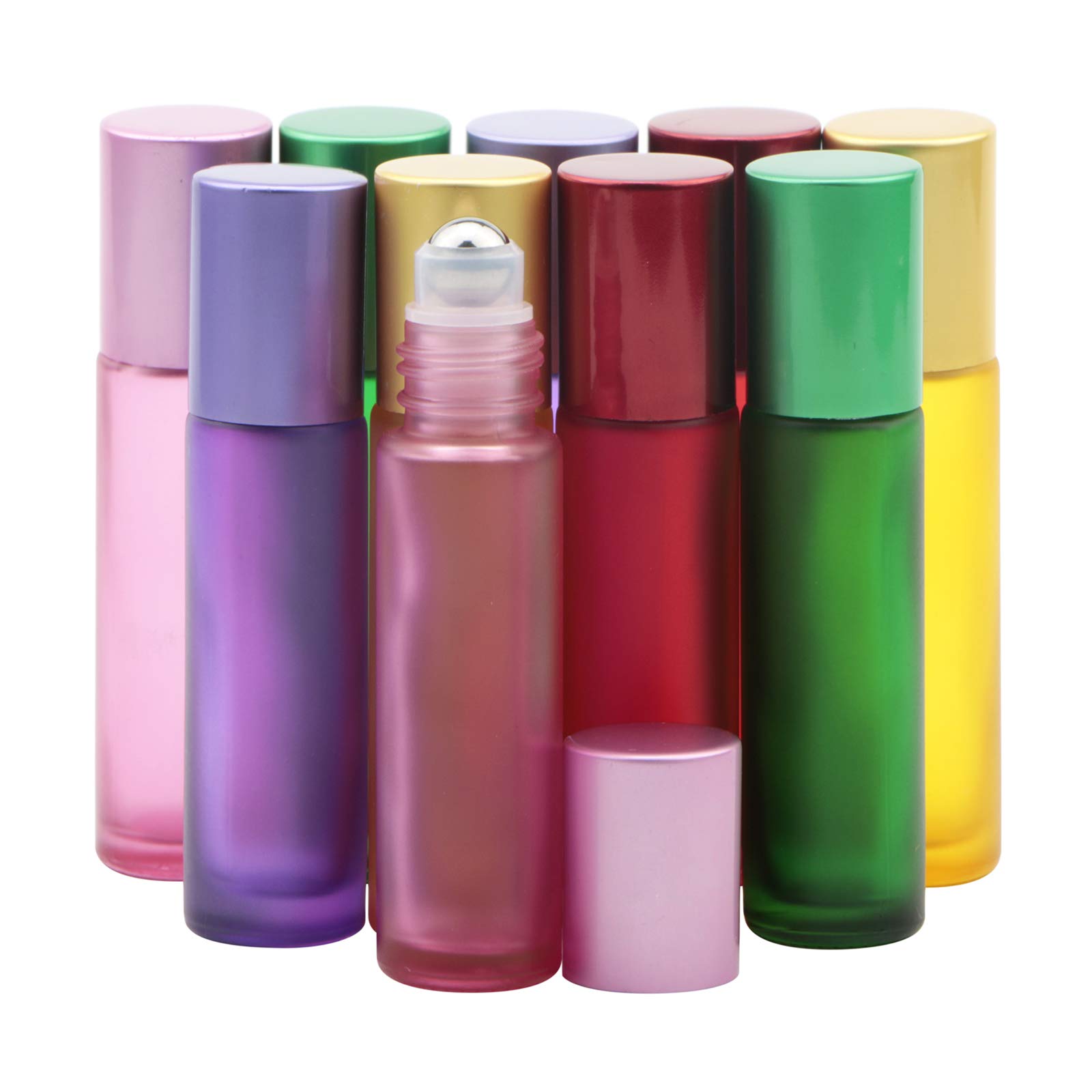 Rowiz Colorful 10Pcs 10Ml Frosted Glass Bottle Leakproof Glass Bottle Essential Oil Roller Bottles Set With Stainless Steel Balls And Anodized Aluminum Screwcap For Perfume & Aromatherapy Oils
