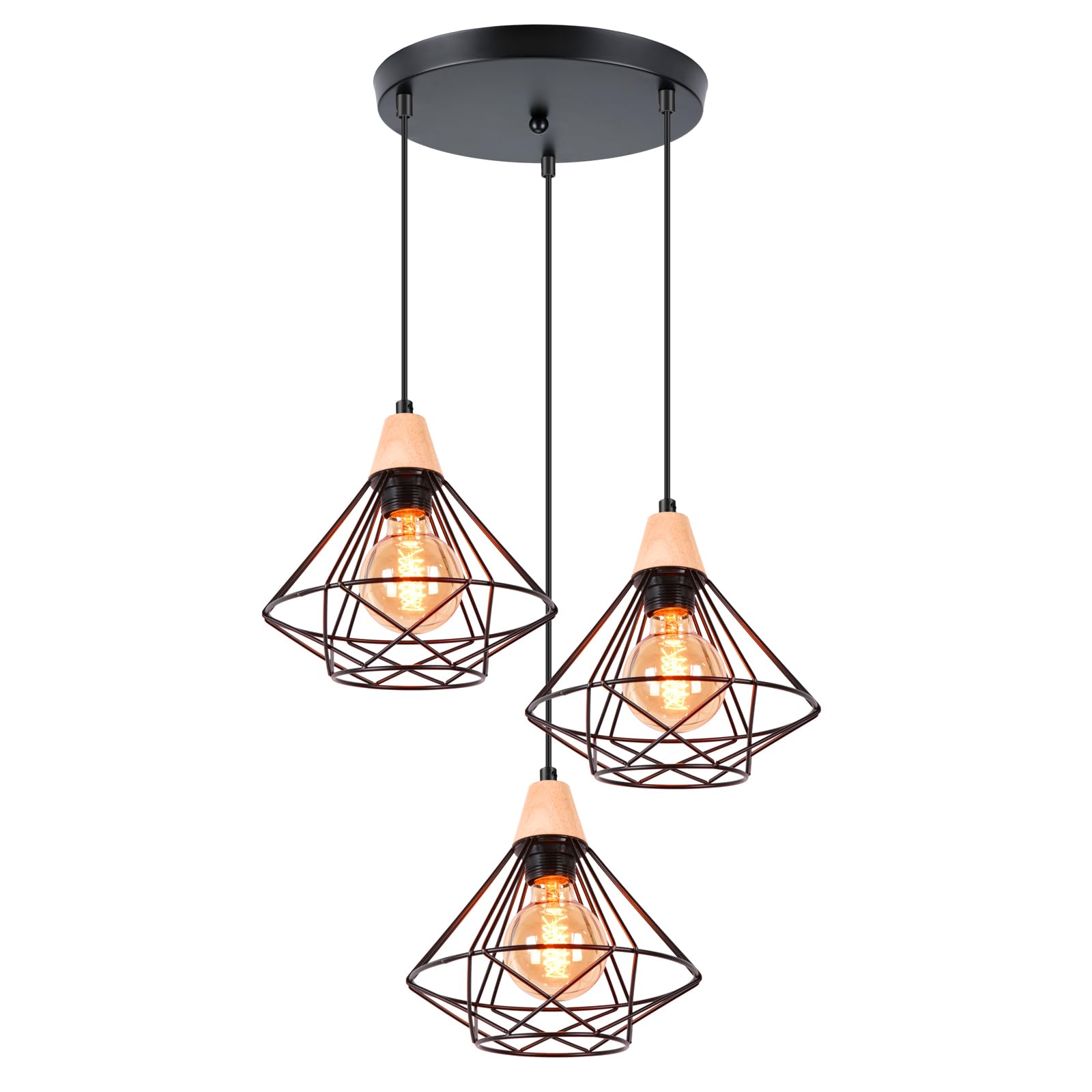 iDEGU 3-flammig Pendelleuchte Industrielle Hängelampe aus Holz und Metall Vintage Lampe mit 22cm Geometrischem Käfig Schwarz E27 Retro Hängeleuchte für Esszimmer Wohnzimmer Küche (3-flammig, Rondell)