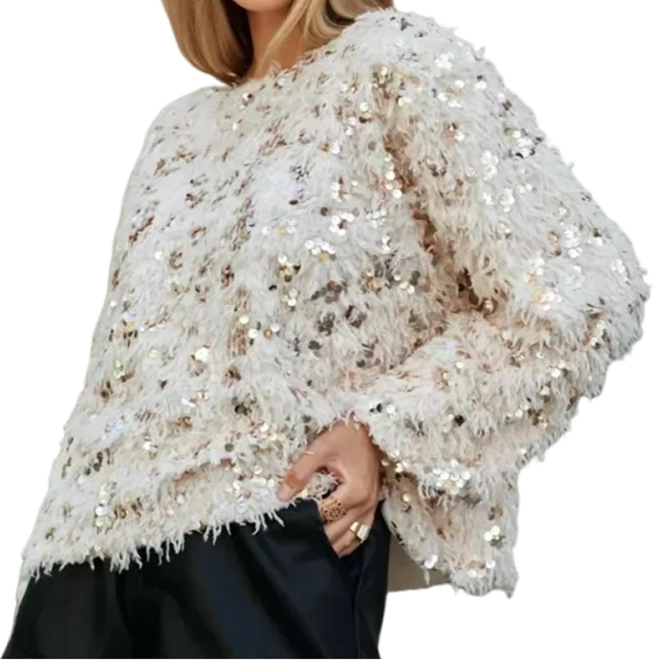 Women Y2k Sequin Sweater Sparkly Glitter Faux Fur Feather Long Sleeve Crew Neck Pullover Fall Winter Shiny Top