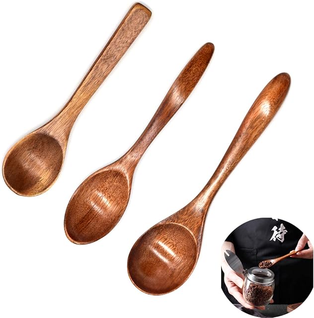 Yueser Wooden Spoon, 3 Pcs Natural Small Wooden Spoons Wooden Kitchen Utensils Sturdy Durable for Coffee Tea Spoon Honey Teaspoon Mixing Stirring Spoon (3 Sizes)