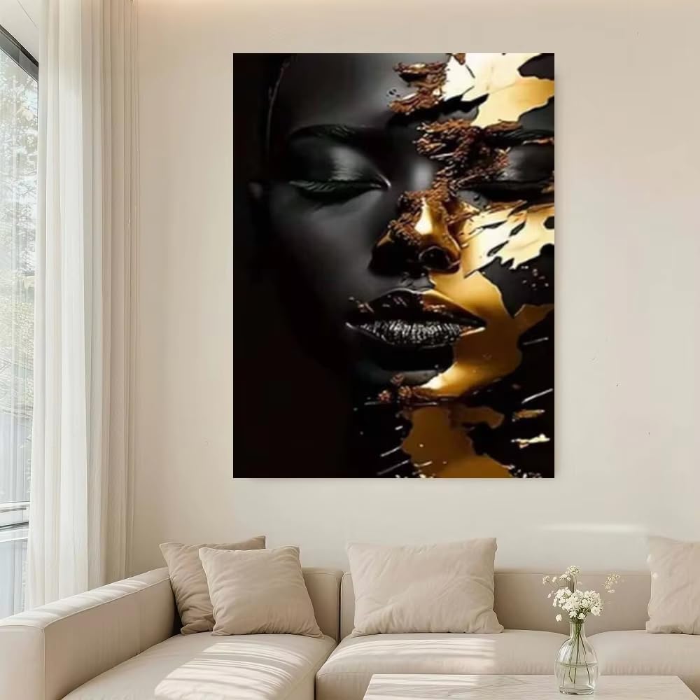 IHHGNB 1pc African Woman Golden Canvas Wall Art Abstract Decorative Painting With Black & Golden Accents Canvas Artwork Decor(40x60cm(16x24in)/No frame)