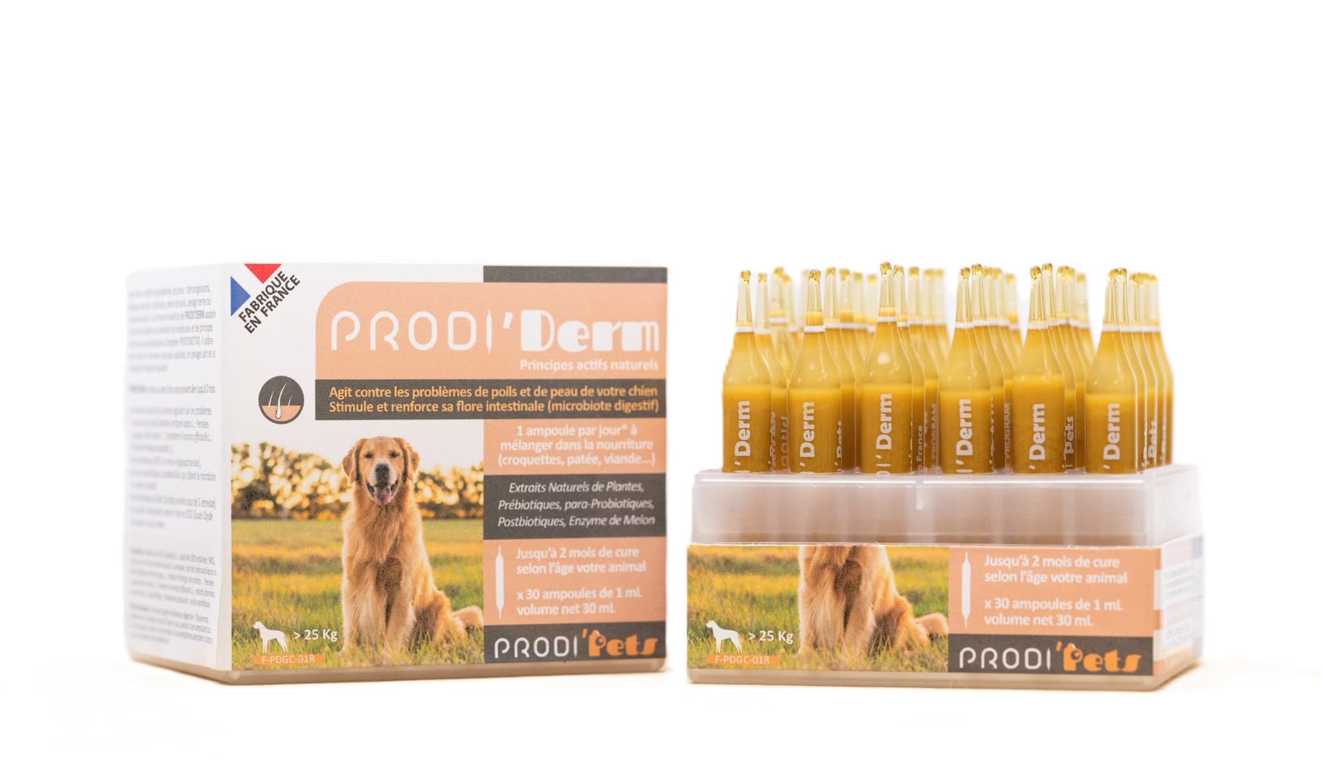 Soins de la Peau et beauté du Pelage - Complément Alimentaire - Actifs naturels à Base de Para-probiotiques et extraits de Plantes - 30 Ampoules - Cure d'1 Mois - PRODI'DERM Chien - 110 g