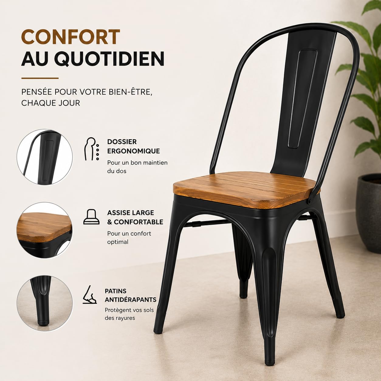 Kosmi - Lot de 4 chaises Style Industriel en métal Noir Mat et Assise en Bois Clair