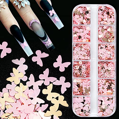 Kachimoo Nail Glitter Sequins,12 Grids Gold Pink Nail Glitter Flakes 3D Cherry Blossoms Butterfly Nail Sequin Flakes Rabbit Heart Nail Charm Nail Accessories For Nail Art Decoration #TOP2