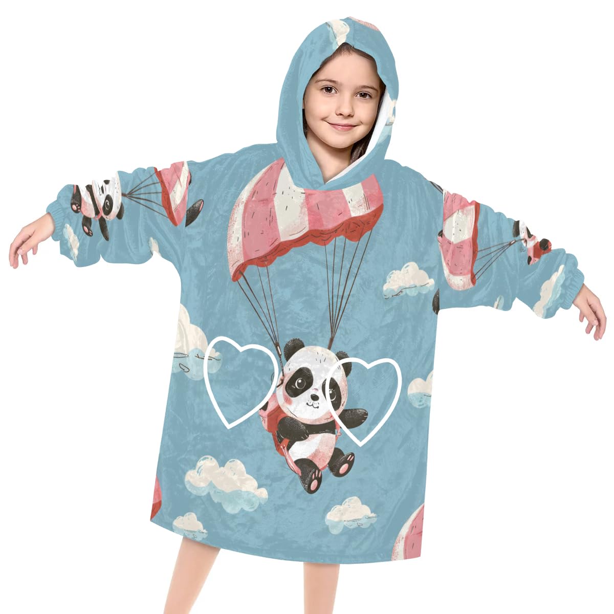 Wearable Blanket Hoodie for Kids, Giant Panda Fleece Sweatshirt Blanket Oversized Blanket Sweatshirt with Pocket Flannel Warm Hooded Blanket 6-10 Year Old Girl Boy Gift, One Size