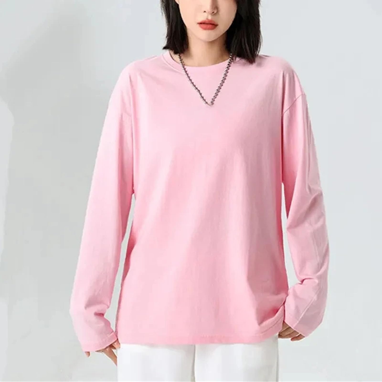 Camiseta de algodón de manga larga para mujer, camiseta grande, informal, básica, holgada, cuello redondo, para mujer