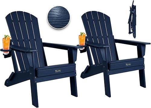 Plawdlik Silla Adirondack plegable, probada por SGS, textura de madera con soporte para tazas, pesado HDPE para todo tipo de clima, juego cómodo