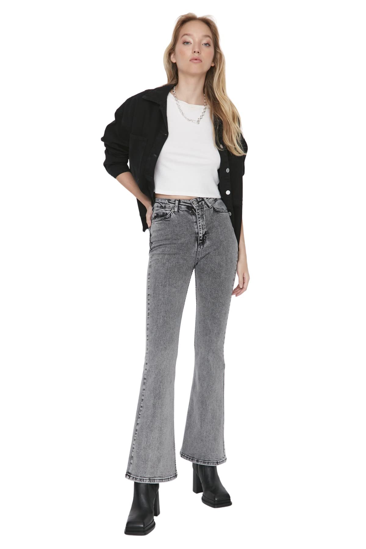 Trendyol Women's Grau High Waist Flare Leg Flare Jeans Size 36
