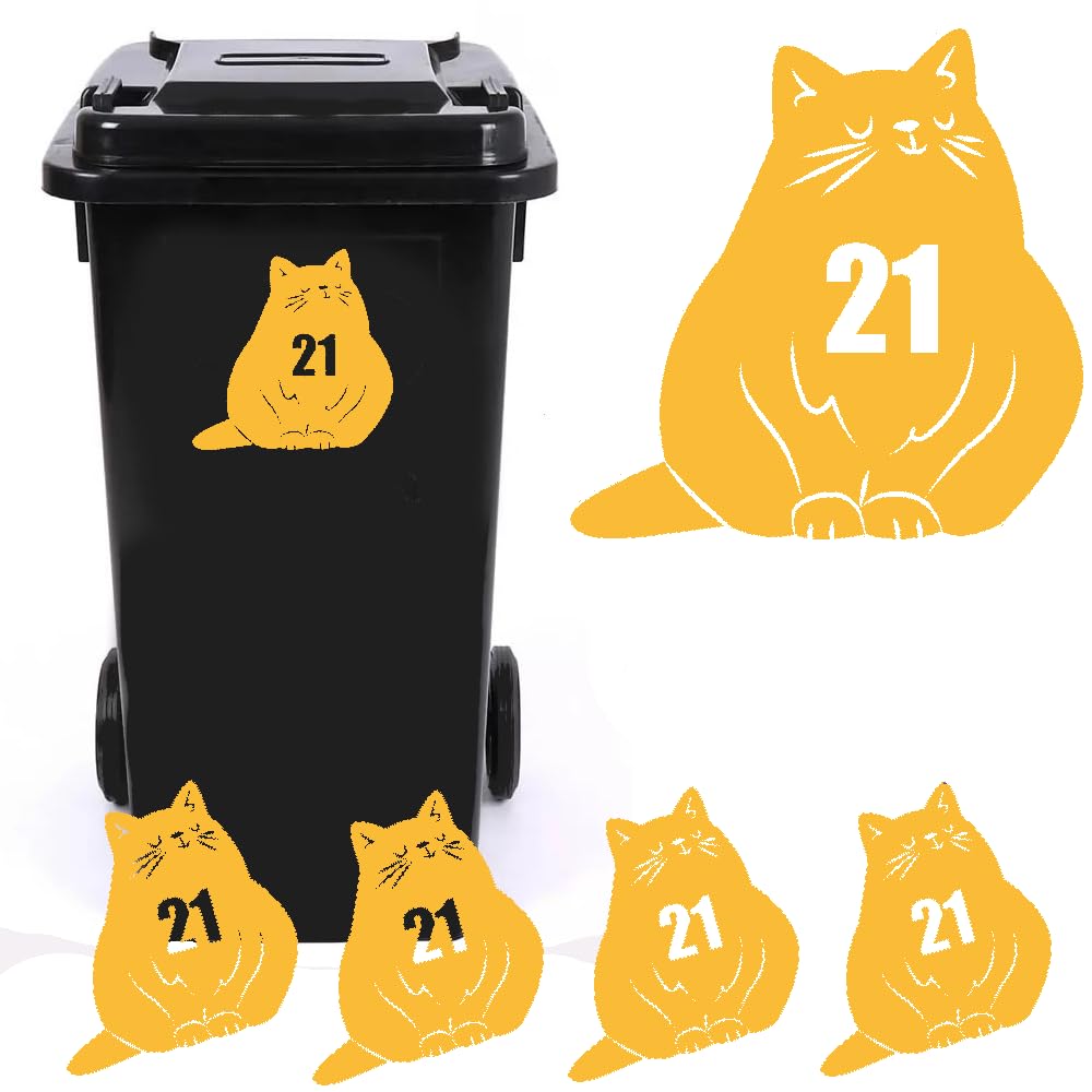 Pack of 3 Pet Cat Silhouette Personalised House Number Wheelie Bin Stickers - Recycling Box Number Stickers - Party Decorations - Bin Numbers For Wheelie Bins (Golden Yellow)