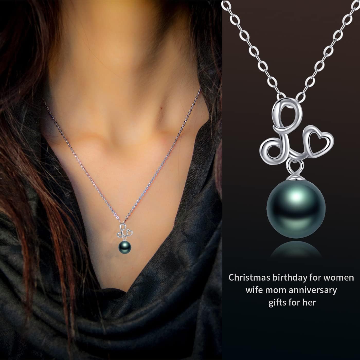 NONNYL Real Tahitian Black Pearl Pendant Necklaces for Women & 9-10mm Round 18K Gold Plated 925 Sterling Silver - Fine Jewelry Gifts for Women Wife Mom Daughter