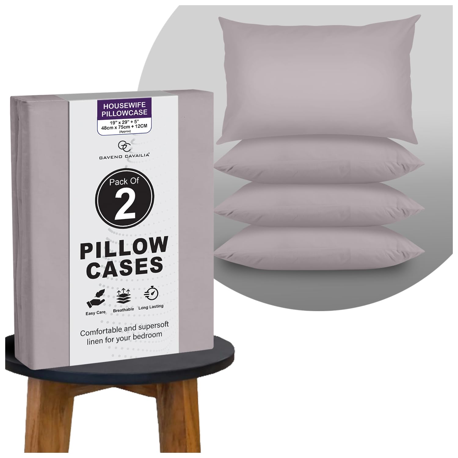 "GC GAVENO CAVAILIA Plain Pillow Cases 2 Pack | Breathable, Wrinkle, Soft Touch Polycotton Bedding Pillowcases | Hotel Quality Hypoallergenic Pillow Covers Envelope Closure 74x48 Cm, Grey"