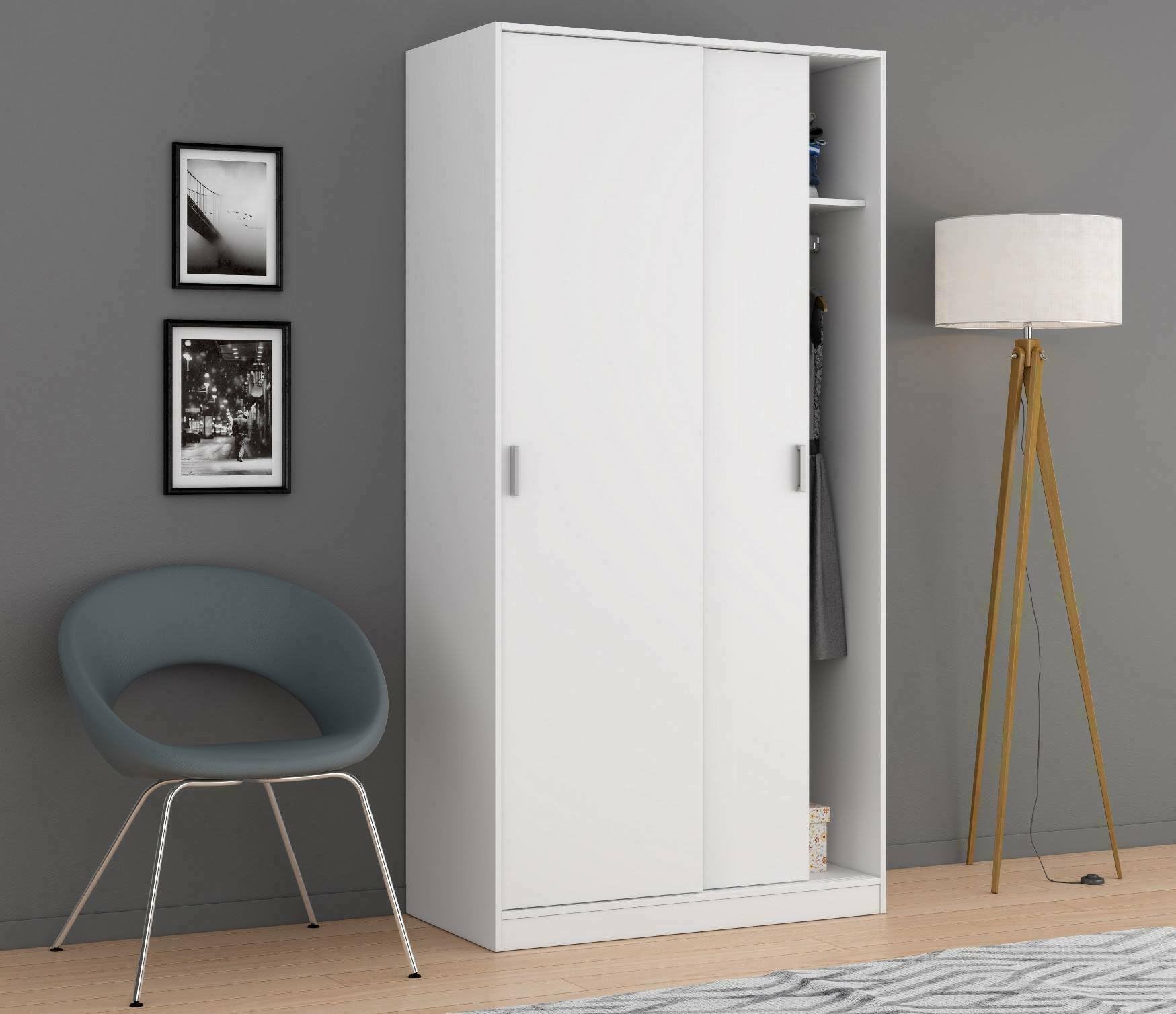 Dmora Armadio Guardaroba, 2 Ante scorrevoli, Legno Bianco-cm. 100 x 200 x 50
