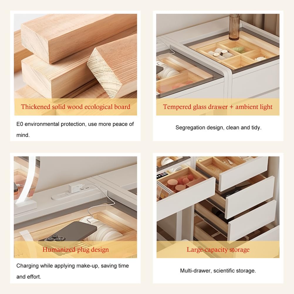 Glass Top Vanity Dressing Table, Desk with Mirror and Drawers Wood, Makeup Table Chair Modern for Bedroom As A, White