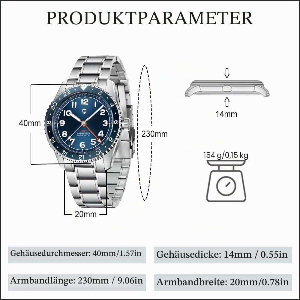 Pagani Design Herrenuhr Automatik NH34 Uhrwerk Mechanische GMT Uhr 40mm Edelstahl Leuchtende Lünette Klassische Taucheruhren Herren