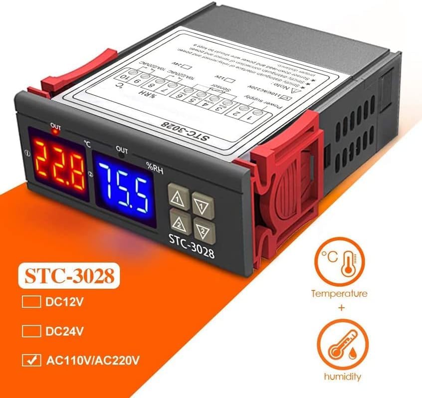 Image of Digital LED Display Temperature & Humidity Controller With Thermostat Control Switch NTC Sensor Probe Thermostat Adjustable Dual Display Thermometer For Egg Incubator (STC-3028)