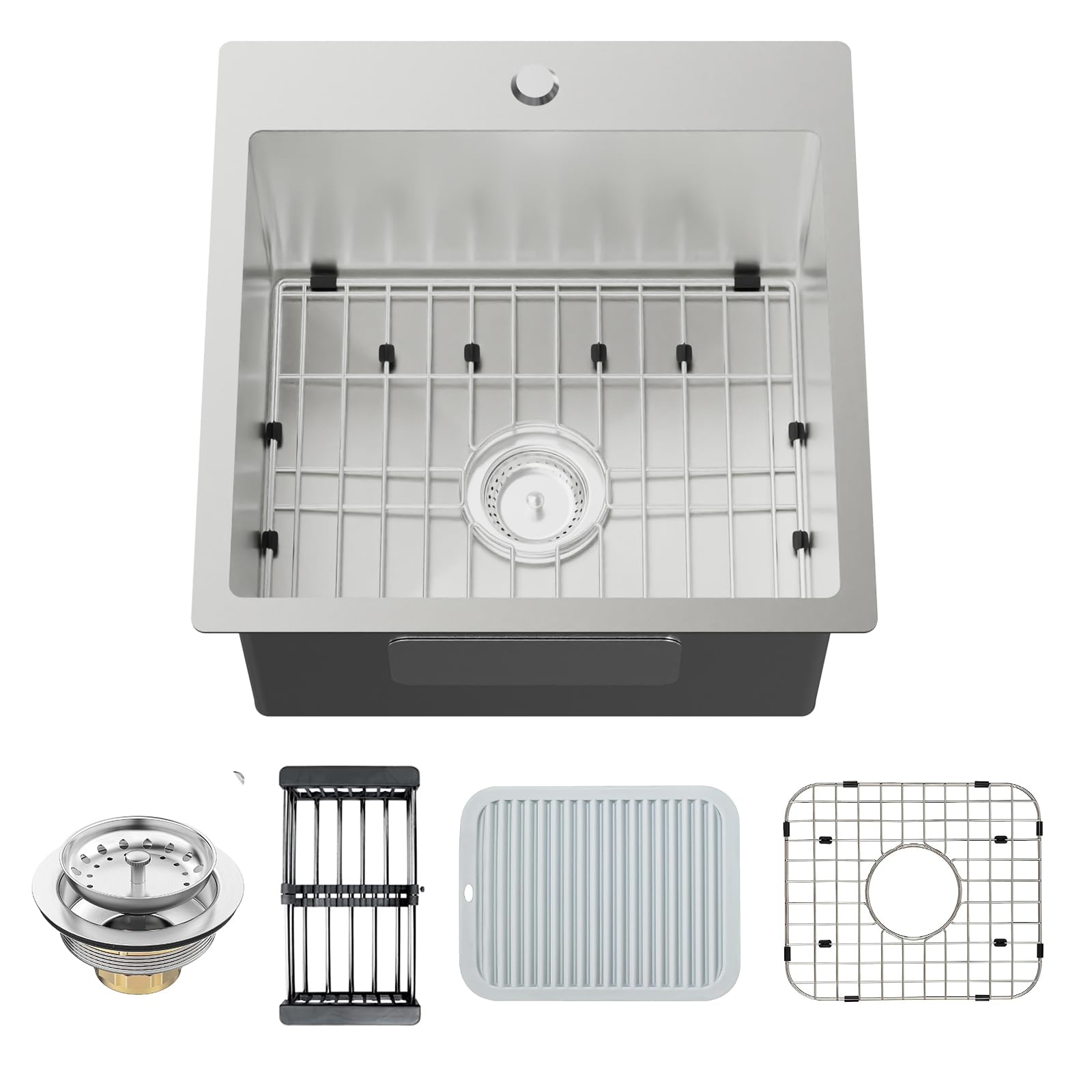 Kitchen Sink, Stainless Steel 18 x 18 Inch Drop In Bar Sink Top Mount Kitchen Sink Single Bowl Kitchen Sink Set - Sink Grid, Silicon Mat, Retracable Basket For Modern Kitchen Stylish and Functional