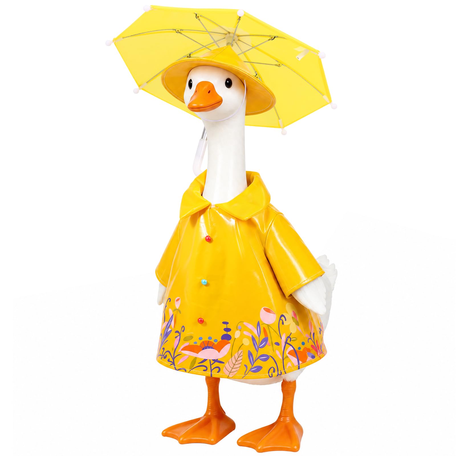 Alongen Raincoat for Porch Goose, Waterproof Lawn Goose Outfit with Umbrella & Hat, Floral Print Garden Statue Dress Up Costume for Outdoor Yard Decoration(yellow)