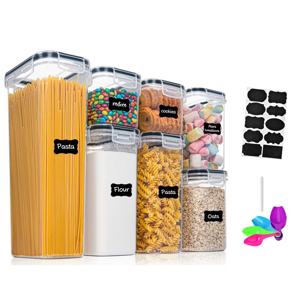 Queta 7Pcs Cereal Storage Containers Set Plastic Airtight Food Storage Container Kitchen Storage Containers With Lids,Reusable Labels,Marker,Spoon Ideal For Flour Cereal Spaghetti Pasta 3.1L 2.1L 1.6L 1.0L
