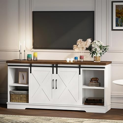 Miniatura 8 de IDEALHOUSE Soporte de TV de granja, centro de entretenimiento para consola multimedia de TV de 65 pulgadas, soporte de TV blanco con puerta de