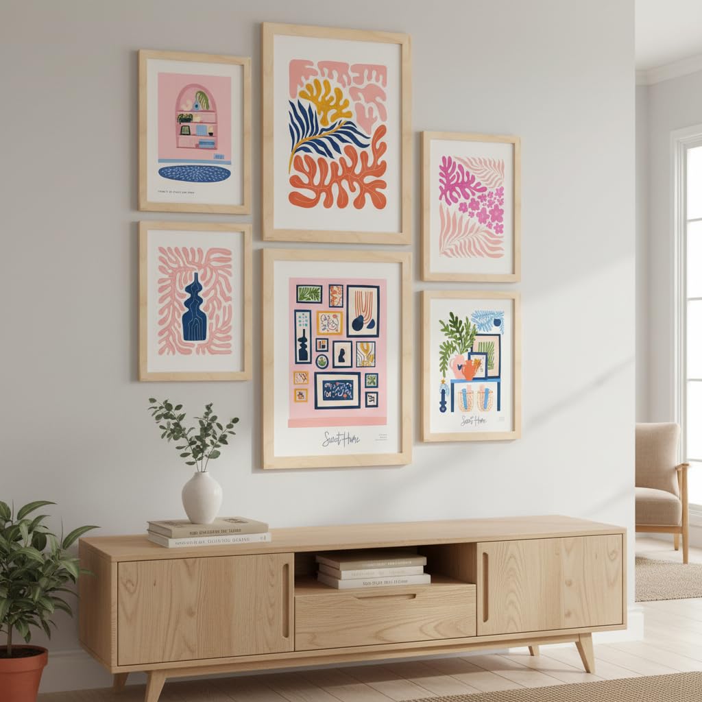 Nacnic Set mit 6 minimalistischen Postern in Pastellfarben. Süßes Zuhause. Drucke von Landschaften und Natur für Innenarchitektur und Dekoration. A3 & A4 Holzfarbe Rahmen.