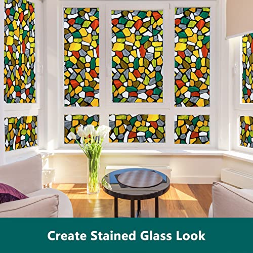 Image of Volcanics Decorative Stained Glass Window Privacy Film with Installation Tools- Static Cling Privacy Sticker for Home & Church, Non-Adhesive, Anti-UV & Heat Blocking, 17.5 x 78.7 Inches