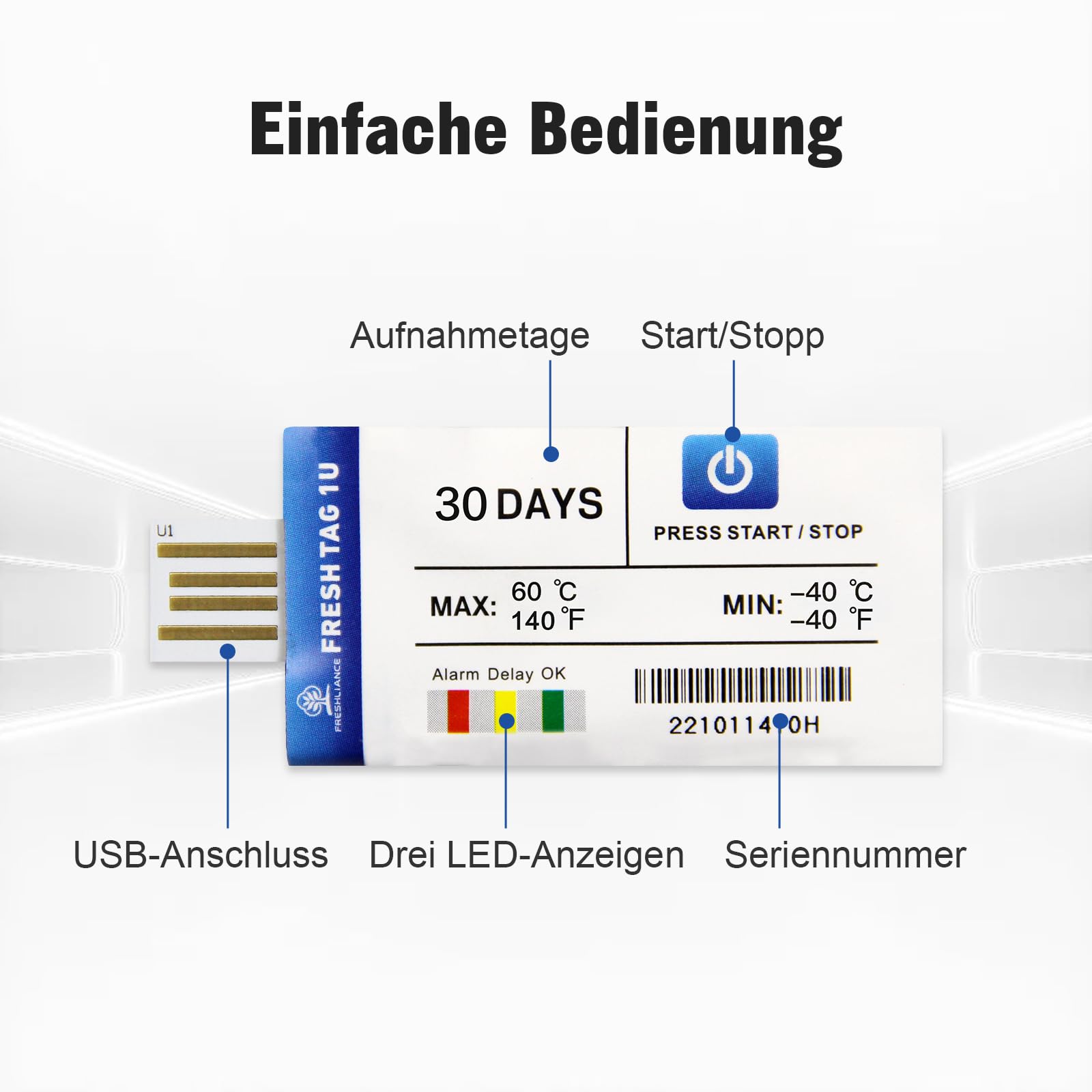 Freshliance Temperatur Datenlogger 2 Stücke, -40°C ~ 60°C Einweg-Temperaturlogger mit PDF/CSV-Bericht, 30000 daten hohe Genauigkeit 30 Tage für Kühltkettetransport, Fresh Tag 1U