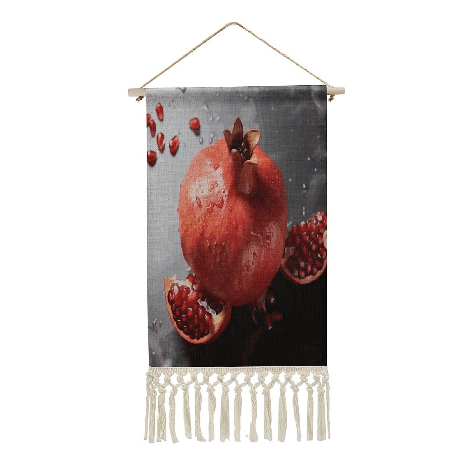 VstaDank Pomegranate Wall Art Decor with Tassels 20"x10" Cotton Linen Hanging Tapestry Decor Wall Art Prints Wood Frame Boho Wall Art Poster for Bedroom Living Room Office