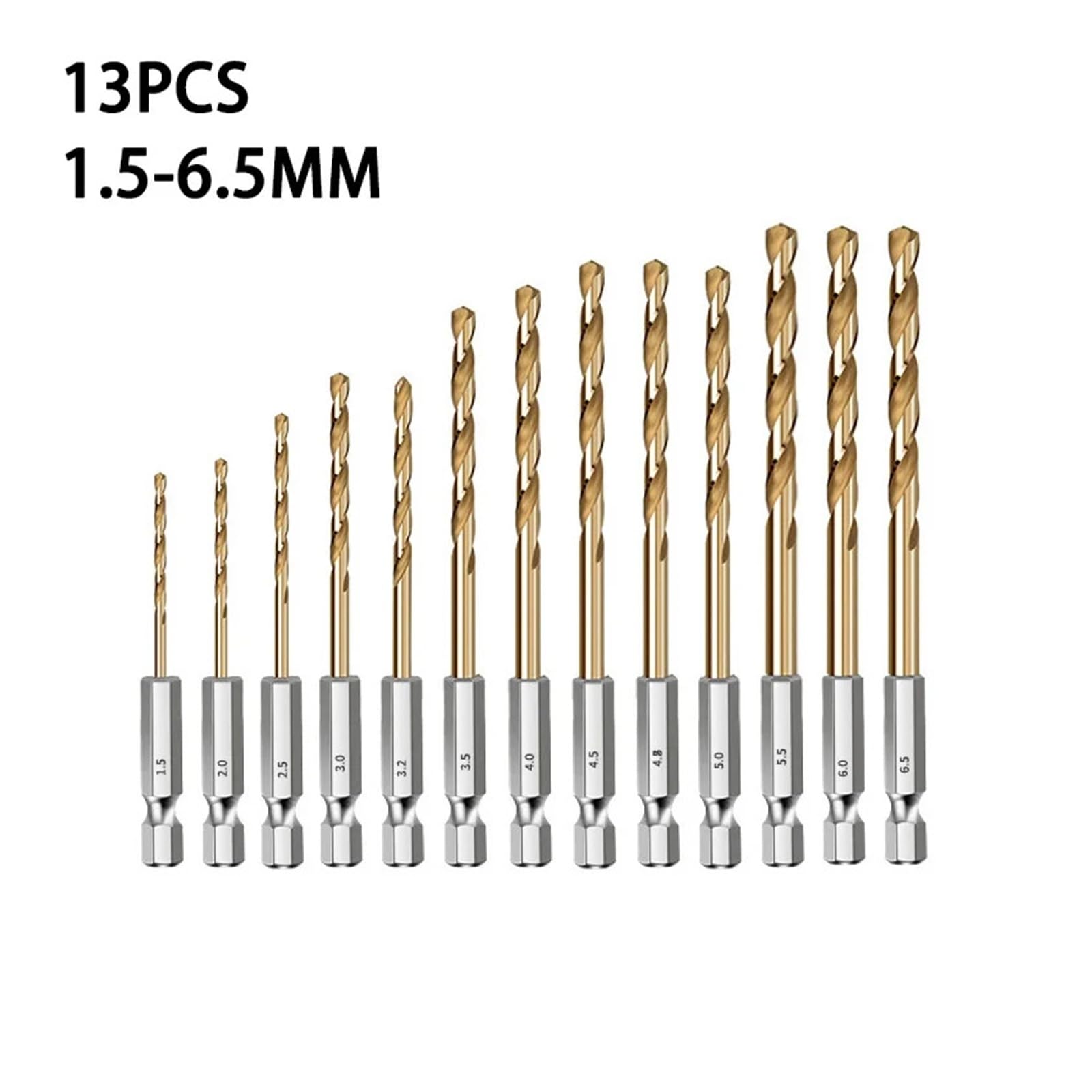 Wiertła kręte, wiertła do metalu, drewna pokryte tytanem HSS 1/4 chwyt sześciokątny rozmiary 1,5-6,5 mm(13pcs 1.5 6.5mm)