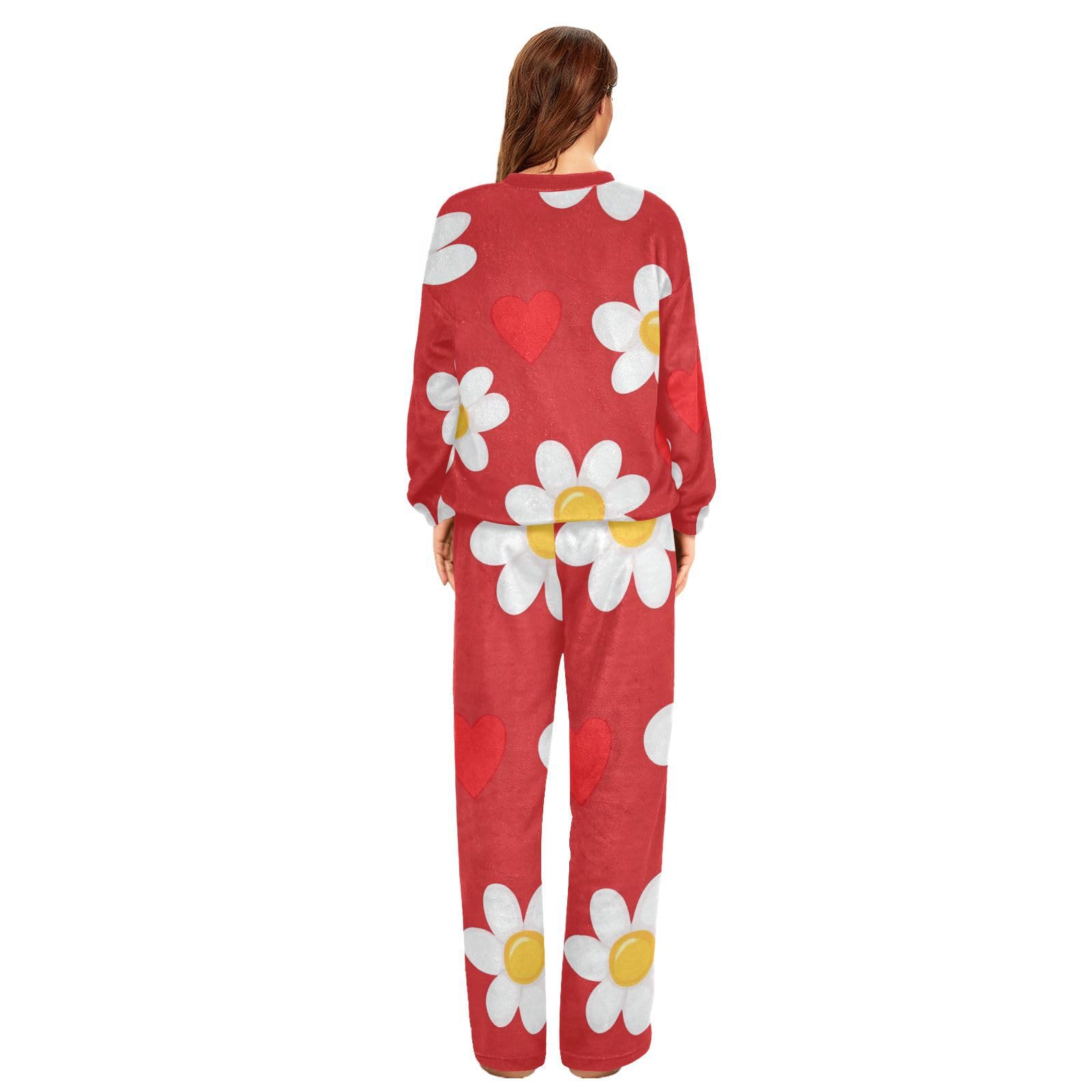 Daisy Crimson Valentines White Zmywalne dwuczęściowe polarowe piżamy dla kobiet okrągły dekolt sweter i spodnie zestaw