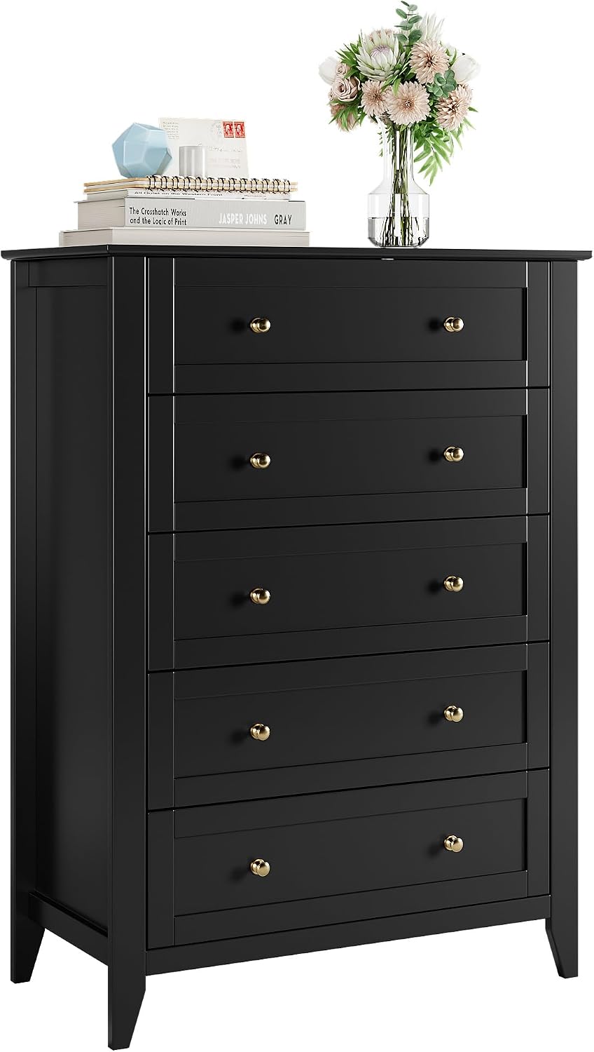 GarveeHome 5 Drawer Dresser for Bedroom, Black Dresser with Deep Drawers & Metal Knobs, Tall Modern Wooden Chests of Drawers for Entryway, Hallway