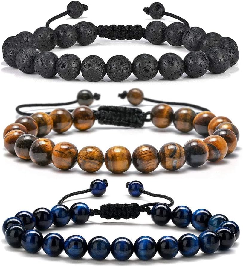Beaded Bracelets Set for Men Teen Boys - Beaded Natural Stone 8mm Tiger Eye Matte Agate Lava Rock Bracelets for Men Teen Boys Dad Grandpa Birthday Gifts Jewelry