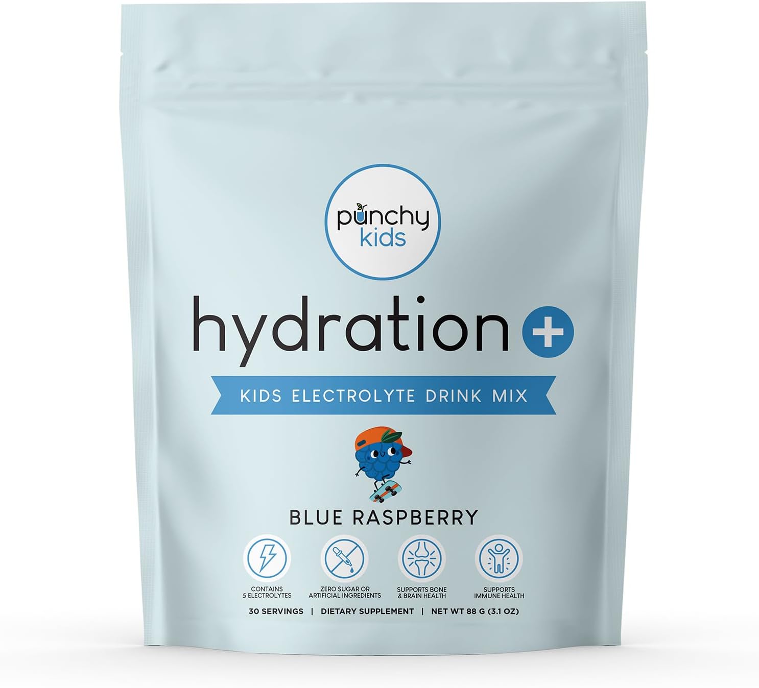 Hydration+ Electrolyte Drink Mix for Kids – Zero Sugar, Immune & Bone Support with Vitamin D, Zinc & K2 – Blue Raspberry Powder Scoop 30 Servings