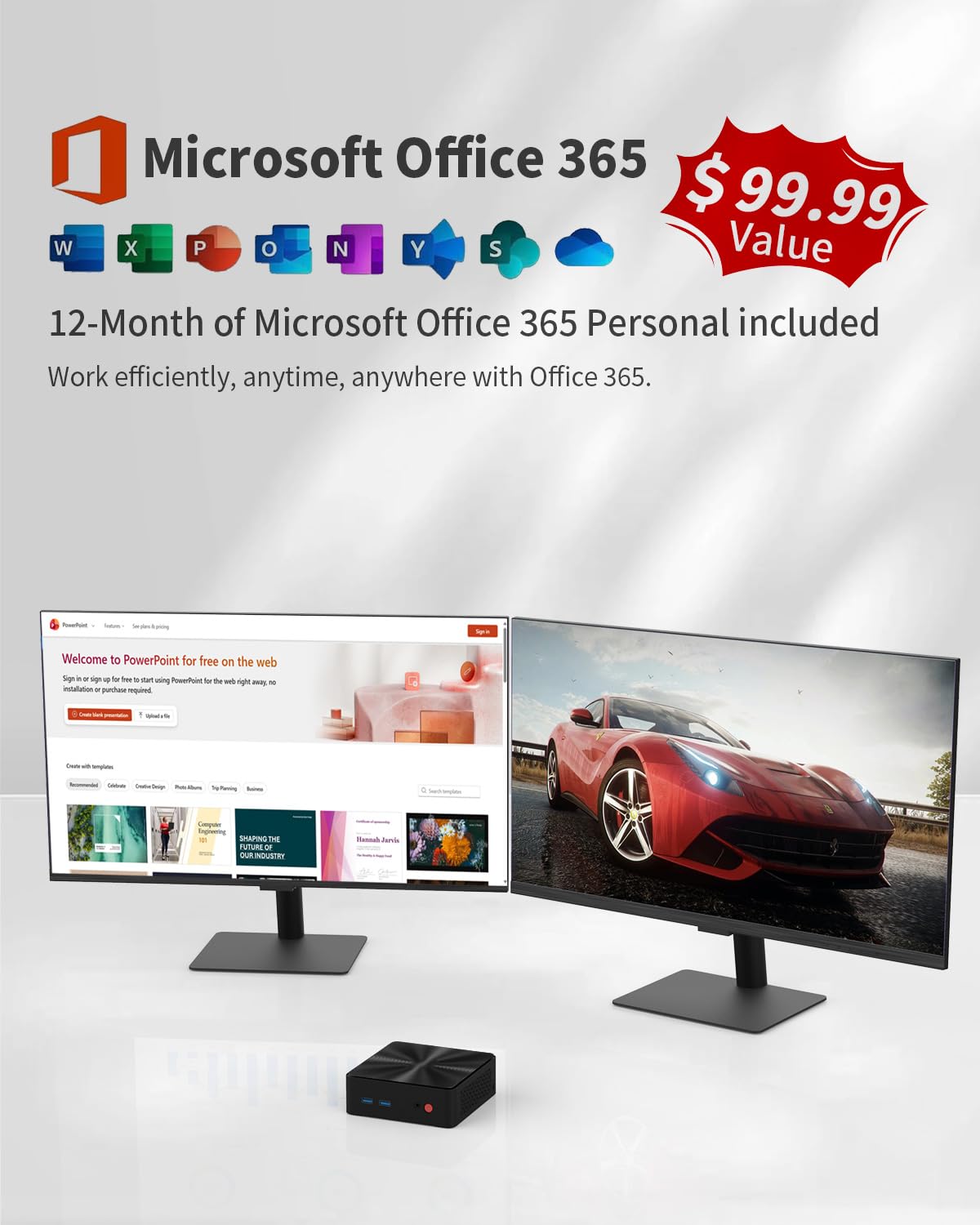 Mini PC, 1 anno Office 365, processore Intel 4-Core N100 (Beat i3-1115G4), 16 GB RAM 512 GB SSD, mini computer desktop Windows 11, doppio display 4K, HDMI/DP/WiFi/BT/Micro PC per studenti di lavoro
