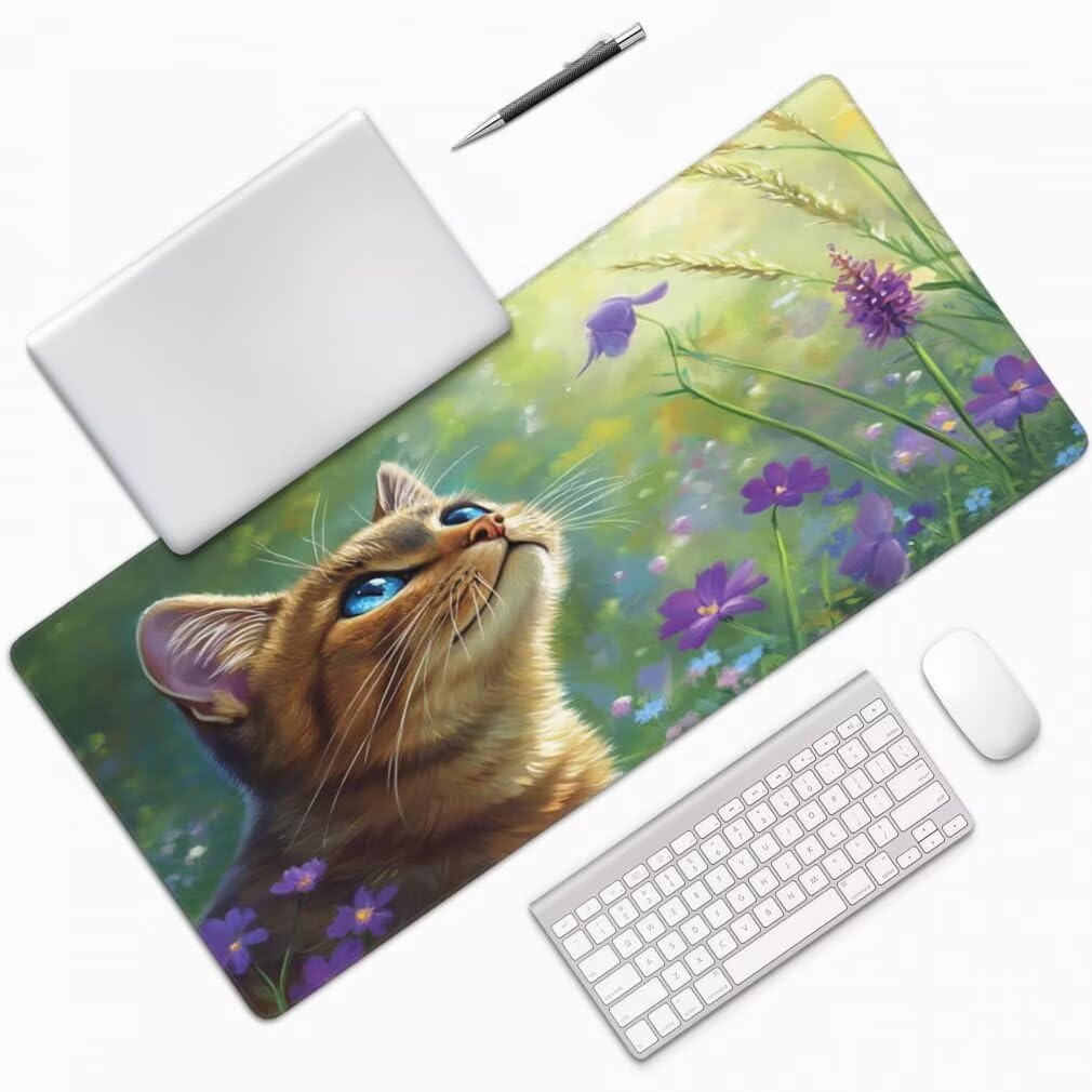 Tappetino Mouse XXL 1200x600mm Gatto Grande Mouse Pad, Tappetino Scrivania Grande Mousepad Gaming con Bordi Cuciti, Tappeto Scrivania con Base Antiscivolo per Giocatori, Ufficio e Casa (Fiori) -MP1528