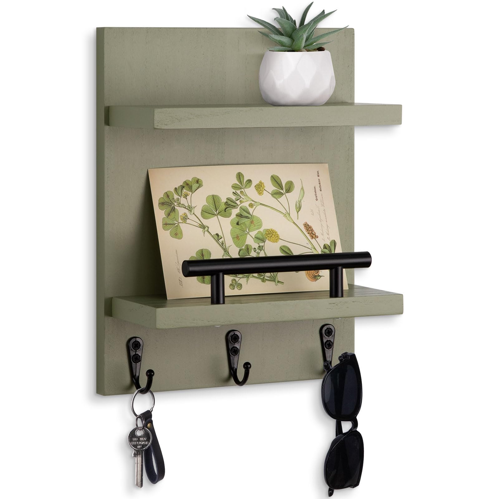 Photo 1 of Lucundm Key Holder Wall Mount, Mail Shelf Decor with 3 Key Hooks, Versatile Wood Wall Organizer for Entryway Hallway (8.2” x 10.6”x 3.6”) (Sage Green)
