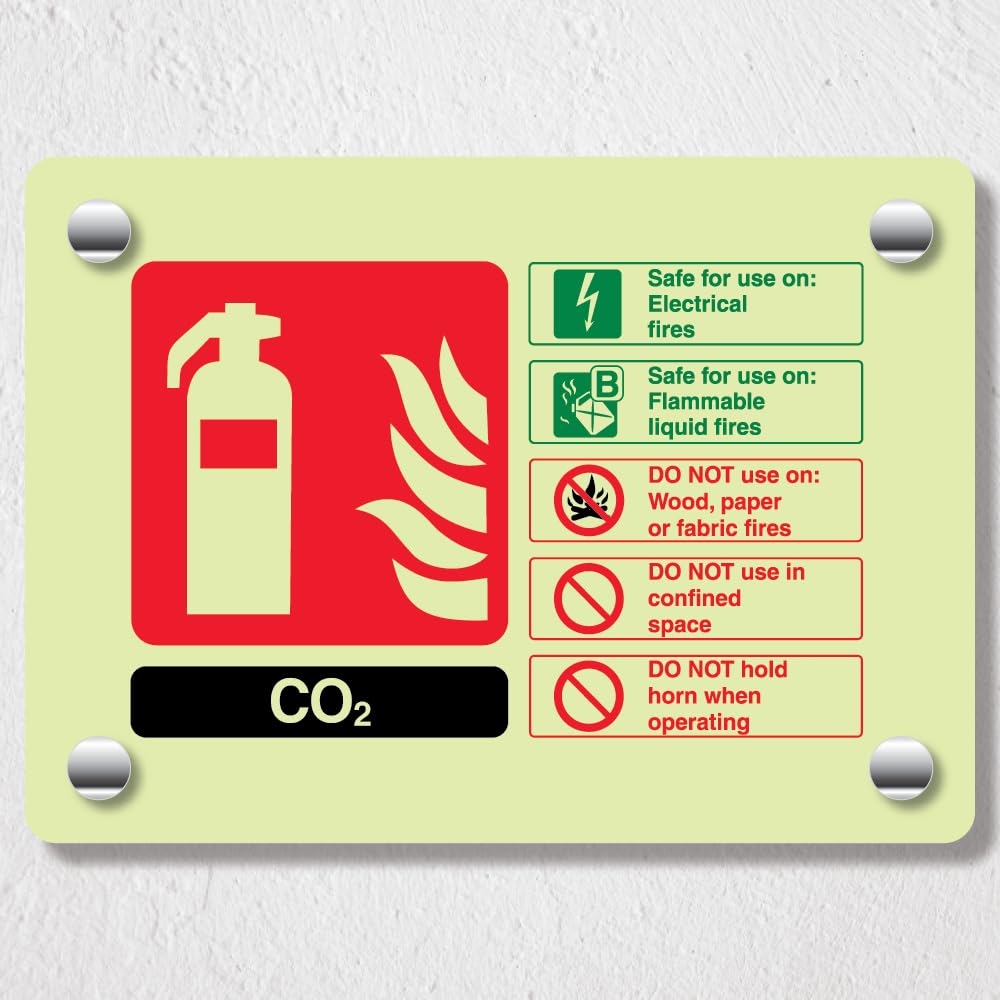 V Safety CO2 Extinguisher ID Glow in the Dark Acrylic Sign - 150 x 100 mm Landscape - Durable, Shatterproof Safety Signage